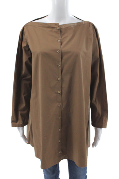Toteme Women Brown Cotton Boat Neck Tunic Button Up 3/4 Sleeve Size L
