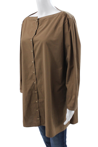 Toteme Women Brown Cotton Boat Neck Tunic Button Up 3/4 Sleeve Size L
