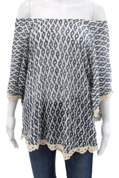 Eberjey Womens Off Shoulder Argyle Tunic Blouse Blue 3/4 Sleeve Size S
