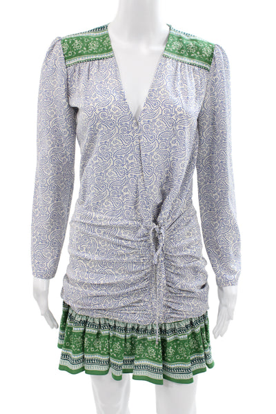 Veronica Beard Women Blue Silk Paisley V-Neck Long Sleeve Mini Dress Size 4