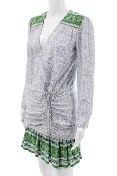 Veronica Beard Women Blue Silk Paisley V-Neck Long Sleeve Mini Dress Size 4