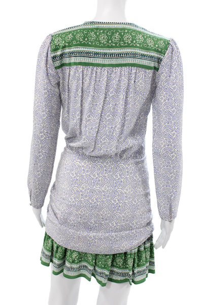 Veronica Beard Women Blue Silk Paisley V-Neck Long Sleeve Mini Dress Size 4
