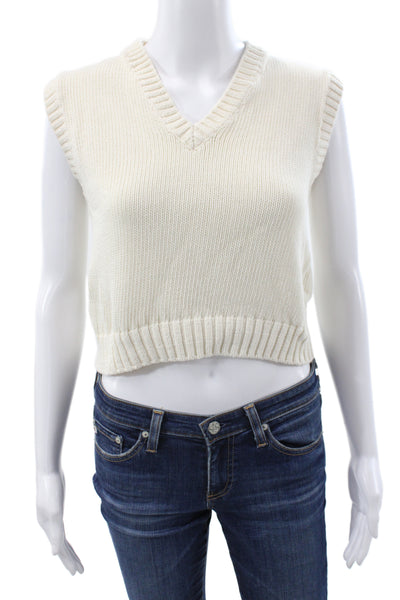 Zara Women Ivory V-Neck Sleeveless Sweater Vest Cotton Blend Preppy Size S