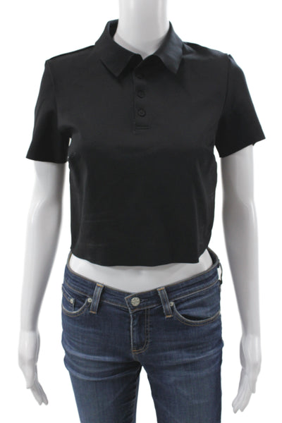 Commando Women Cropped Collared Polo Black Short Sleeve Button Size S