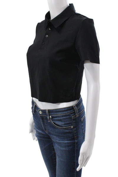 Commando Women Cropped Collared Polo Black Short Sleeve Button Size S