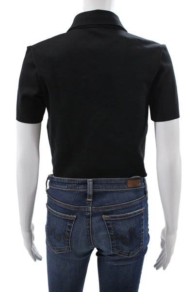 Commando Women Cropped Collared Polo Black Short Sleeve Button Size S