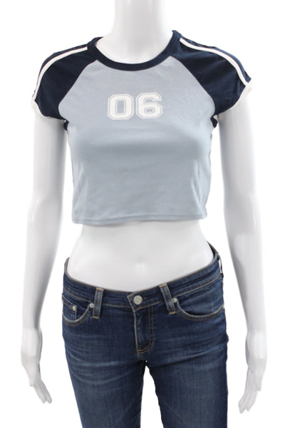 Le Lis Womens Cropped Blue Colorblock Crew Neck Cotton Blend T-Shirt Size XS