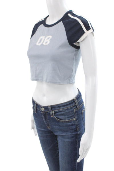 Le Lis Womens Cropped Blue Colorblock Crew Neck Cotton Blend T-Shirt Size XS