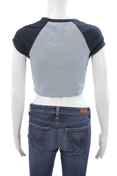 Le Lis Womens Cropped Blue Colorblock Crew Neck Cotton Blend T-Shirt Size XS