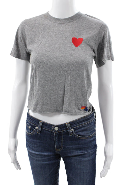 Aviator Nation Women Gray Cropped Heart T-Shirt Short Sleeve Crew Neck Size XS
