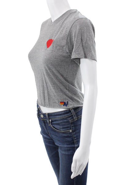 Aviator Nation Women Gray Cropped Heart T-Shirt Short Sleeve Crew Neck Size XS