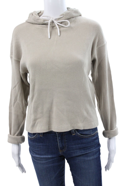 Leallo Women Pullover Hoodie Beige 100% Cotton Crew Neck Long Sleeve Size XS
