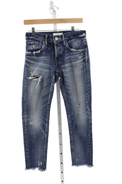 Moussy Women Cropped Distressed Blue Jeans Mid Rise Button Inseam 27 Size 25