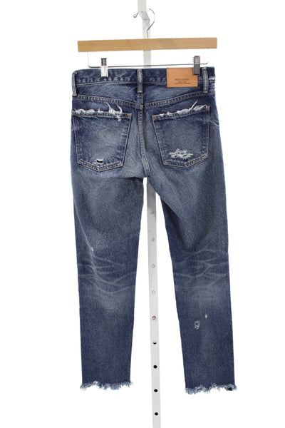 Moussy Women Cropped Distressed Blue Jeans Mid Rise Button Inseam 27 Size 25