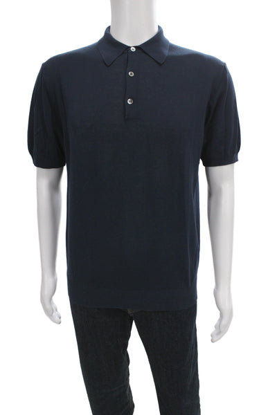 Daniel Cremieux Mens Short Sleeve Collared Knit Polo Shirt Navy Cotton Large