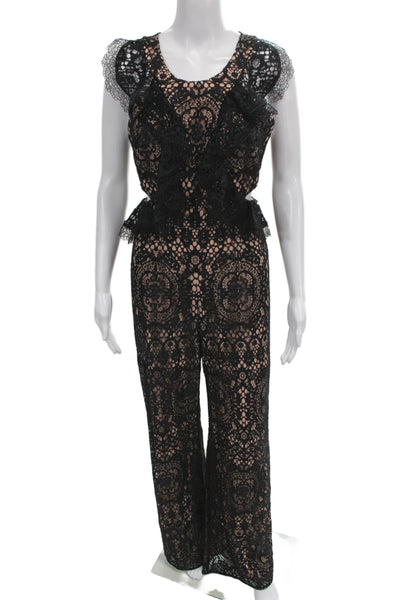 Alexis Womens Jumpsuit Black Floral Sleeveless Round Neck Zip Size S