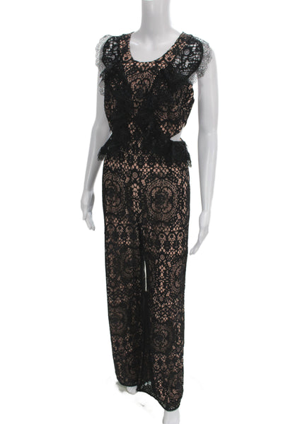 Alexis Womens Jumpsuit Black Floral Sleeveless Round Neck Zip Size S
