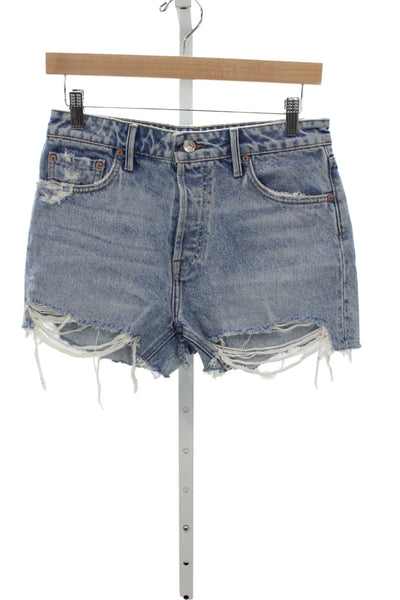 Grlfrnd Women Cut-Off Blue Cotton Distressed Button Shorts Size 26