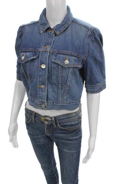 Veronica Beard Women Basic Jacket Blue Cotton Button Short Sleeve Size S