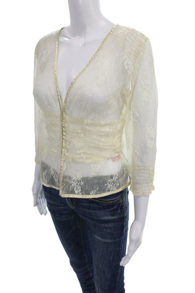 Bandolino Womens Ivory V-Neck Floral Lace 3/4 Sleeve Button Nylon Blouse Size 8
