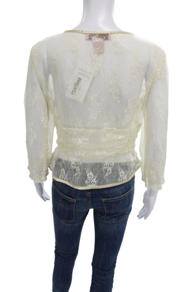 Bandolino Womens Ivory V-Neck Floral Lace 3/4 Sleeve Button Nylon Blouse Size 8