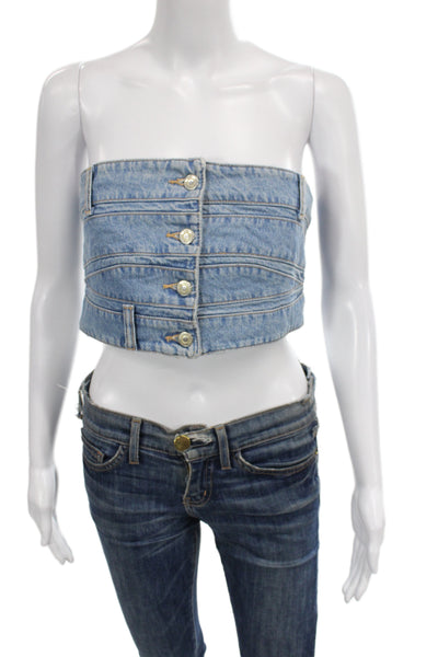 Zara Womens Denim Off Shoulder Cropped Tank Blue Sleeveless Button Size L