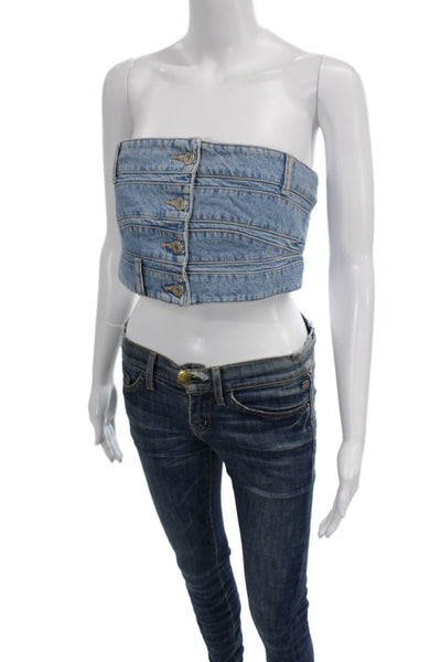 Zara Womens Denim Off Shoulder Cropped Tank Blue Sleeveless Button Size L