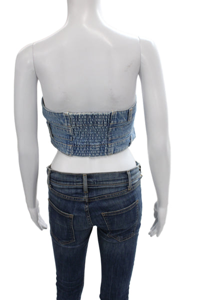 Zara Womens Denim Off Shoulder Cropped Tank Blue Sleeveless Button Size L