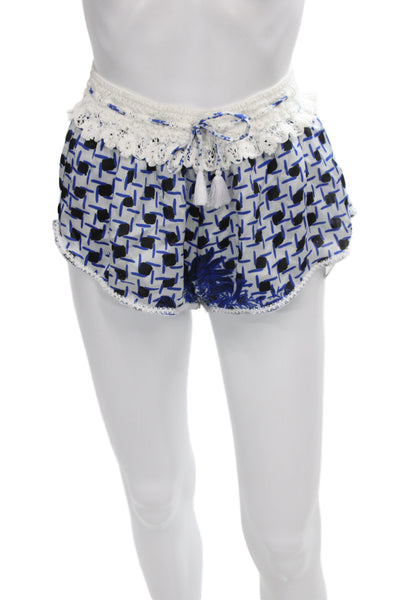 Poupette St. Barth Womens White Silk Geometric Drawstring Shorts Size 2
