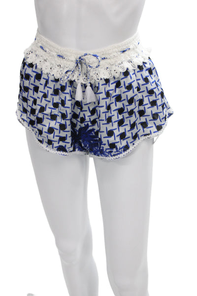 Poupette St. Barth Womens White Silk Geometric Drawstring Shorts Size 2
