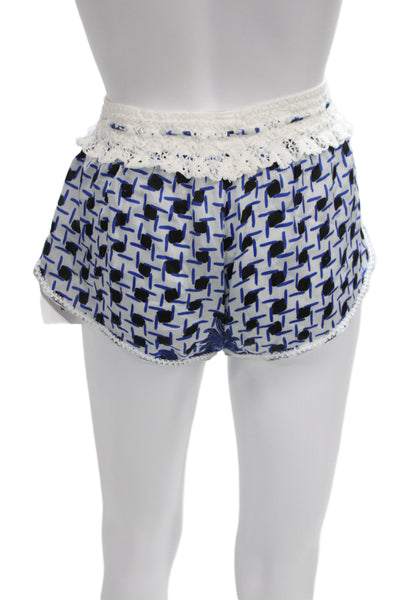Poupette St. Barth Womens White Silk Geometric Drawstring Shorts Size 2
