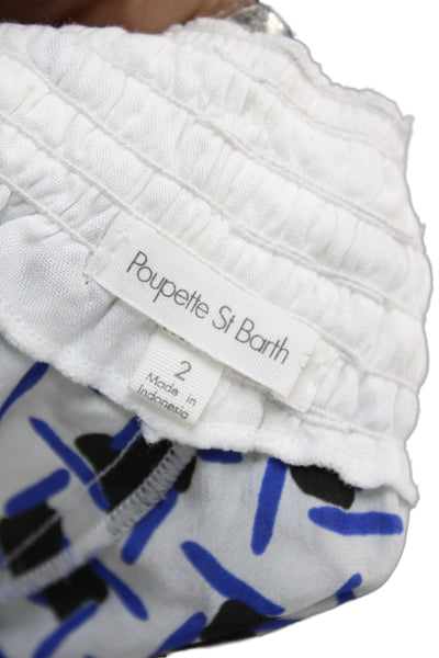 Poupette St. Barth Womens White Silk Geometric Drawstring Shorts Size 2