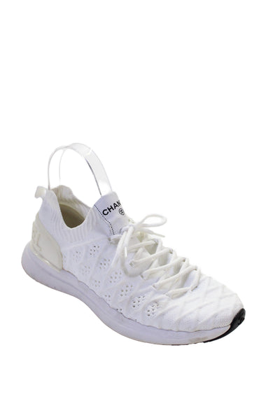 Chanel Womens Lace Up Low Top Knit Sneakers White Size 38.5 8.5