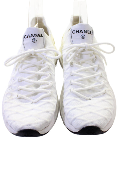 Chanel Womens Lace Up Low Top Knit Sneakers White Size 38.5 8.5