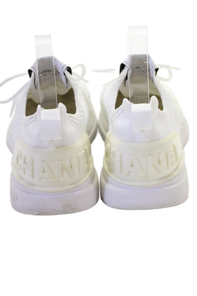 Chanel Womens Lace Up Low Top Knit Sneakers White Size 38.5 8.5