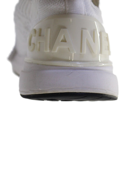 Chanel Womens Lace Up Low Top Knit Sneakers White Size 38.5 8.5