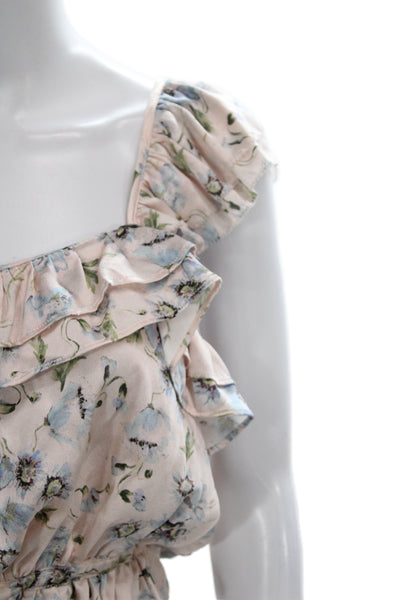 Love Shack Fancy Womens Silk Floral Print Top Skirt Set Pink Blue Size Medium