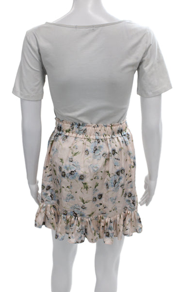 Love Shack Fancy Womens Silk Floral Print Top Skirt Set Pink Blue Size Medium