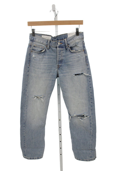 Zara Womens Cropped Mid Rise Blue Button Fly Cotton Jeans Size 2