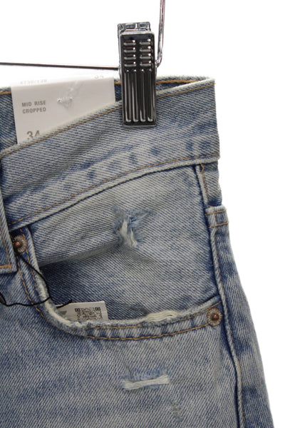 Zara Womens Cropped Mid Rise Blue Button Fly Cotton Jeans Size 2