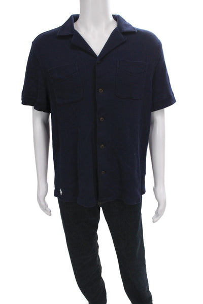 Polo Ralph Lauren Mens Waffle Knit Short Sleeve Button Down Shirt Blue Size L