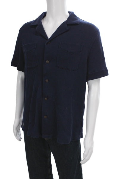 Polo Ralph Lauren Mens Waffle Knit Short Sleeve Button Down Shirt Blue Size L