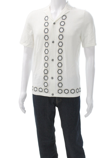 Reiss Mens Collared Short Sleeve Button-Up Shirt White Geometric Size S