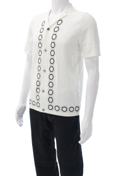 Reiss Mens Collared Short Sleeve Button-Up Shirt White Geometric Size S