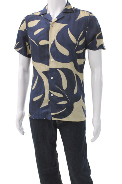 Reiss Mens Tropical Floral Short Sleeve Button Up Blue Shirt Size S