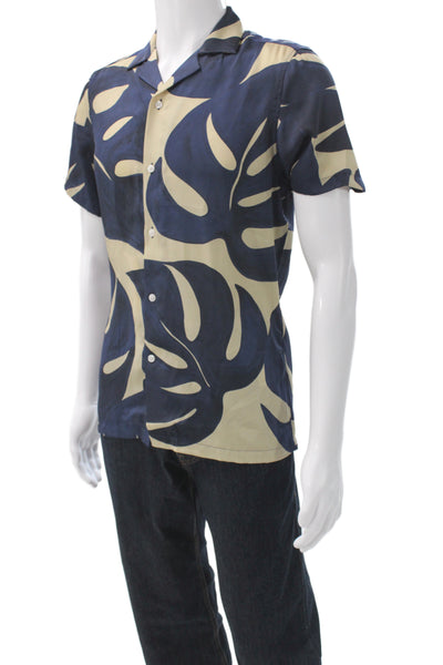 Reiss Mens Tropical Floral Short Sleeve Button Up Blue Shirt Size S