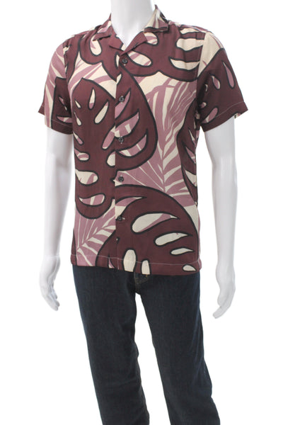 Reiss Mens Brown Floral Short Sleeve Collared Button-Up Shirt Polyester Size S