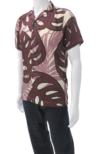 Reiss Mens Brown Floral Short Sleeve Collared Button-Up Shirt Polyester Size S