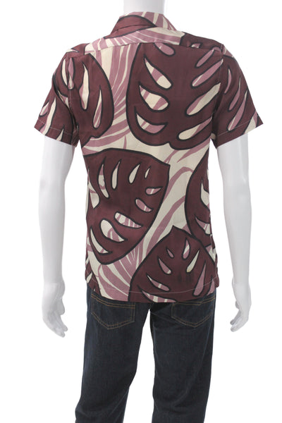 Reiss Mens Brown Floral Short Sleeve Collared Button-Up Shirt Polyester Size S