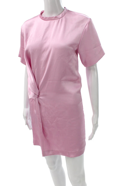 Zara Women Shift Mini Dress Pink Satin Crew Neck Short Sleeve Size XS
